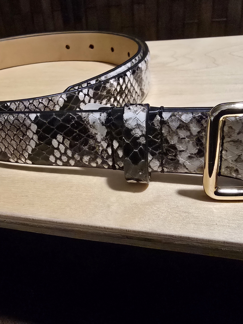 Talbots Black and White Snake-Print Belt with Gold Buckle